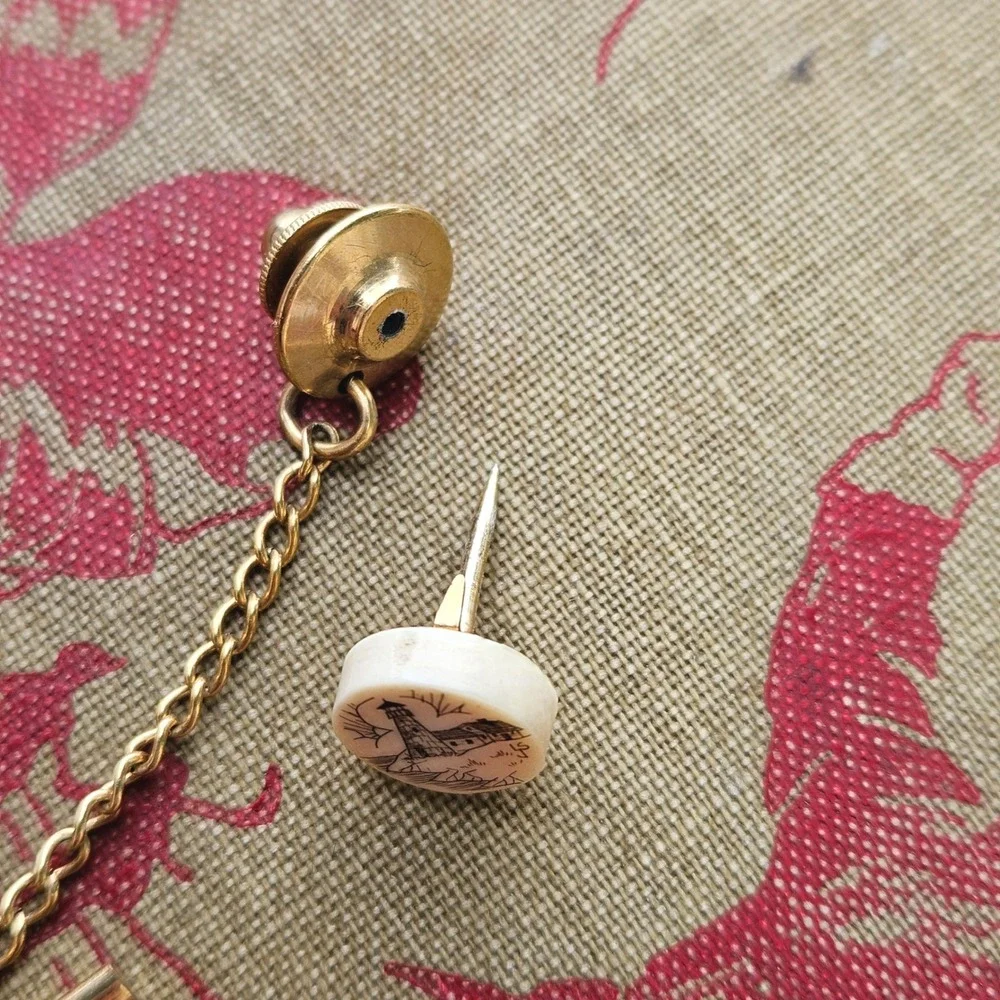 Vintage Scrimshaw Beach Nautical Lighthouse Tie Tack Gold Tone Chain T-Bar